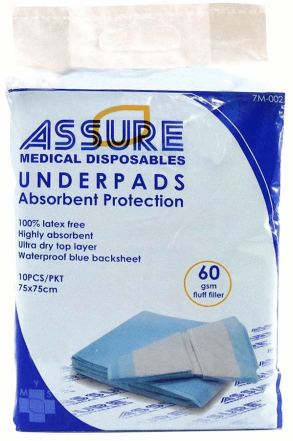 ASSURE Underpads (75cm X 75cm, 60g Fluff Filler, 10 Pcs/Pkt)