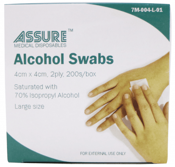 ASSURE Alcohol Swabs (Sterile, 4cm x 4cm, Large, 200 Pcs/Box)
